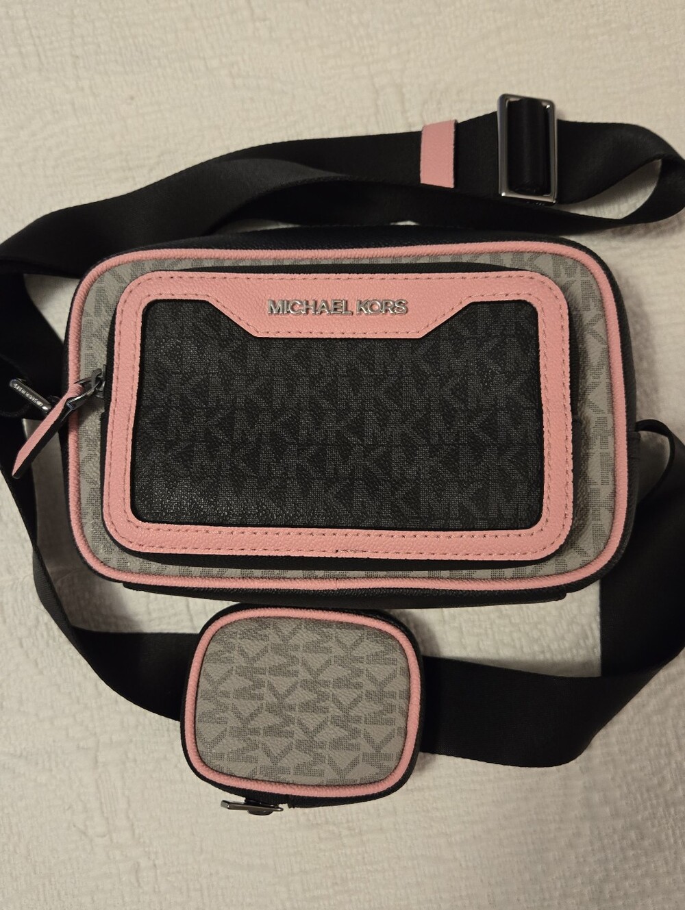 Michael Kors Cooper Color-Block Signature Logo Camera Bag with Pouch Black Pink